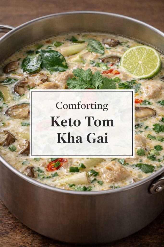 Comforting Keto Tom Kha Gai coconut chicken soup in a pot with title box.