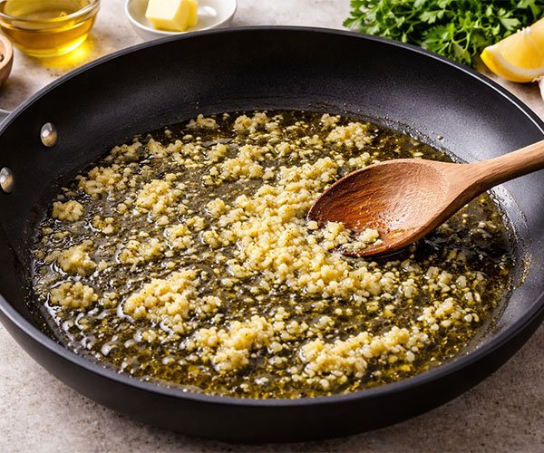 Minced garlic gently sautéing in olive oil and butter in a skillet over medium heat.