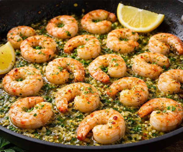 Garlic shrimp cooking in a skillet with chopped garlic, herbs, and lemon wedges.