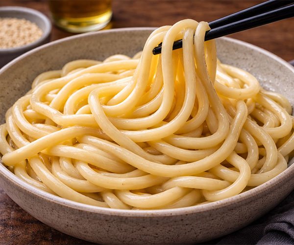Freshly cooked udon noodles in a bowl, lifted with chopsticks, glossy and ready to use.