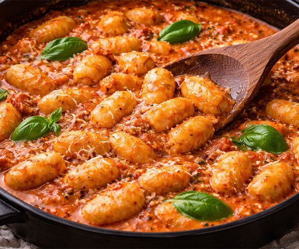 Gnocchi cooking in creamy tomato sauce in a skillet with basil garnish.