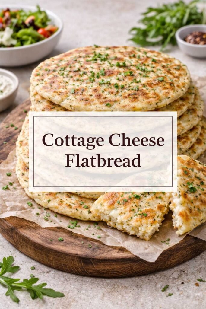Stack of golden cottage cheese flatbreads on a wooden board with a center text box labeled “Cottage Cheese Flatbread.”