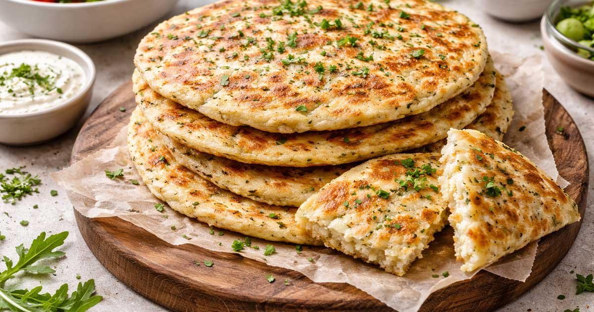 Stack of golden cottage cheese flatbreads on a wooden board, garnished with fresh herbs, with a piece cut to show the soft interior.