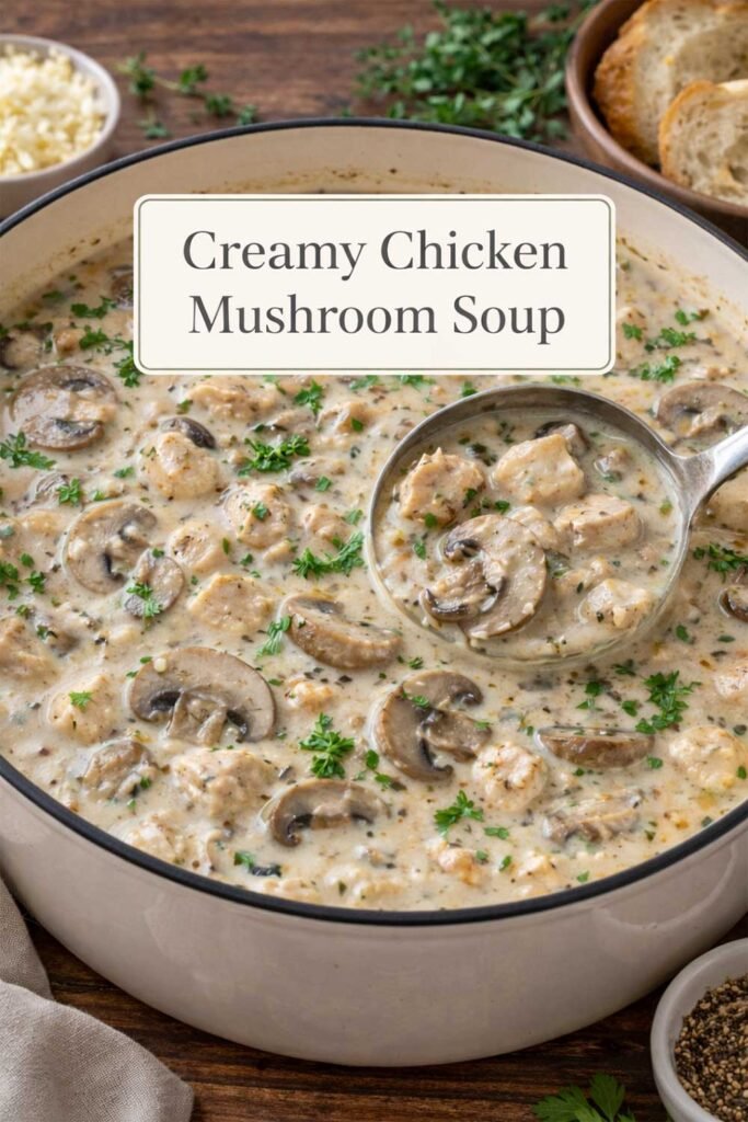 Creamy chicken mushroom soup in a pot with a centered title label and ladle serving chicken and mushrooms.
