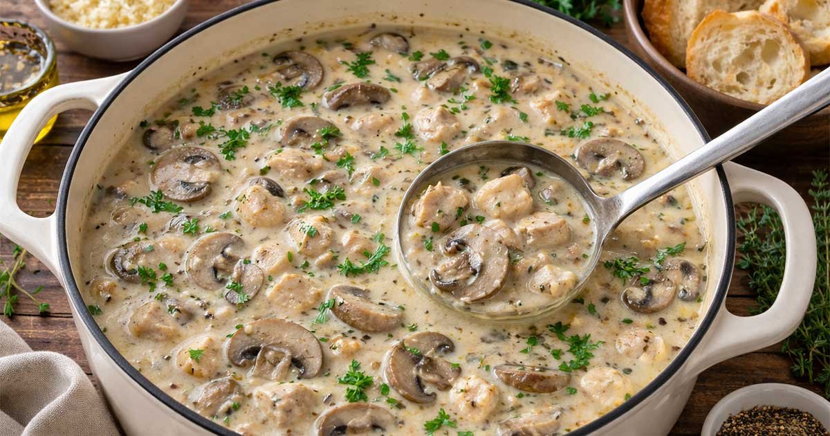 Creamy chicken mushroom soup in a pot with tender chicken pieces, sliced mushrooms, and fresh herb garnish.