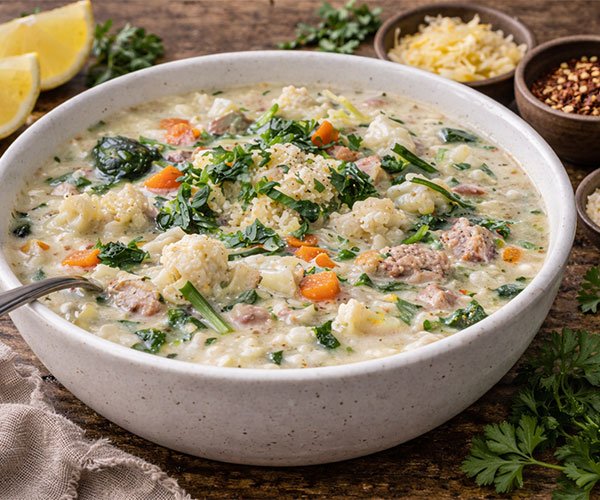Bowl of creamy garlic chicken soup with chicken pieces, cauliflower, carrots, spinach, and herbs on a rustic table with lemon and seasonings.