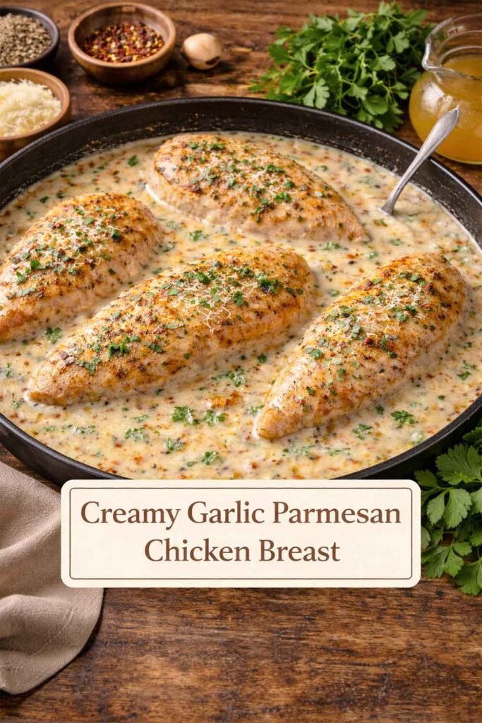 Creamy Garlic Parmesan Chicken Breast in a skillet with rich garlic cream sauce, garnished with parsley, with title text in a center box.