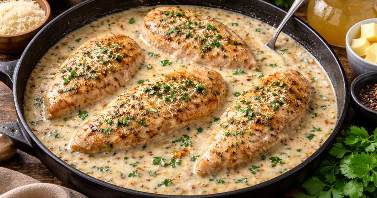 Creamy Garlic Parmesan Chicken Breast cooked in a rich garlic cream sauce, garnished with parsley and Parmesan in a skillet.
