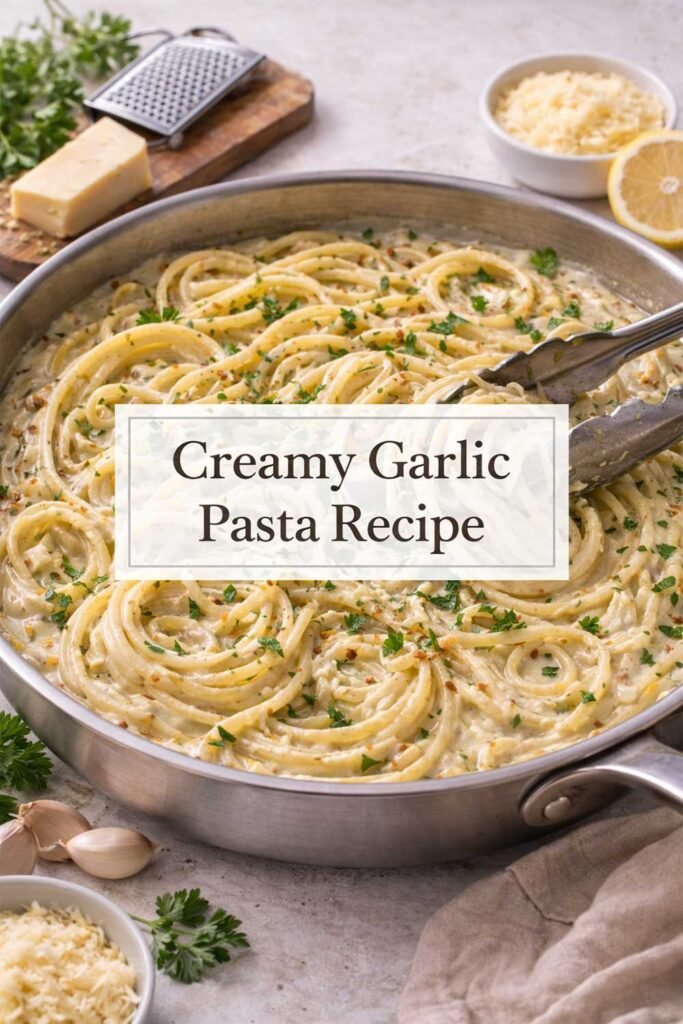 Creamy garlic pasta in a skillet with herbs and Parmesan, featuring a centered title box.
