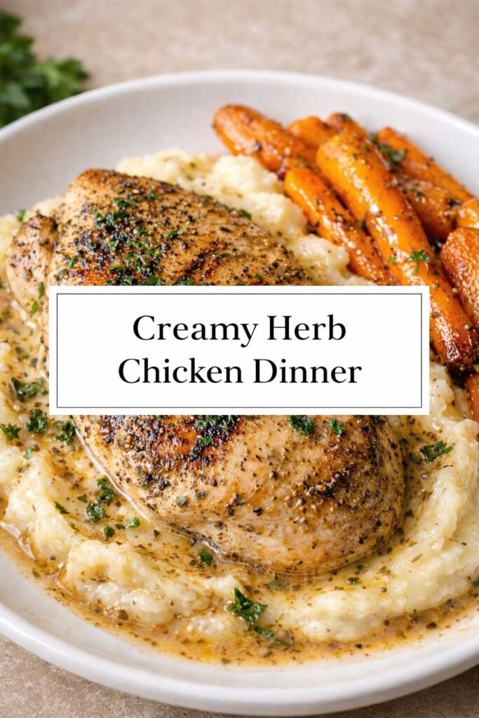 Creamy Herb Chicken Dinner with text label over plated chicken, mashed potatoes, and glazed carrots.