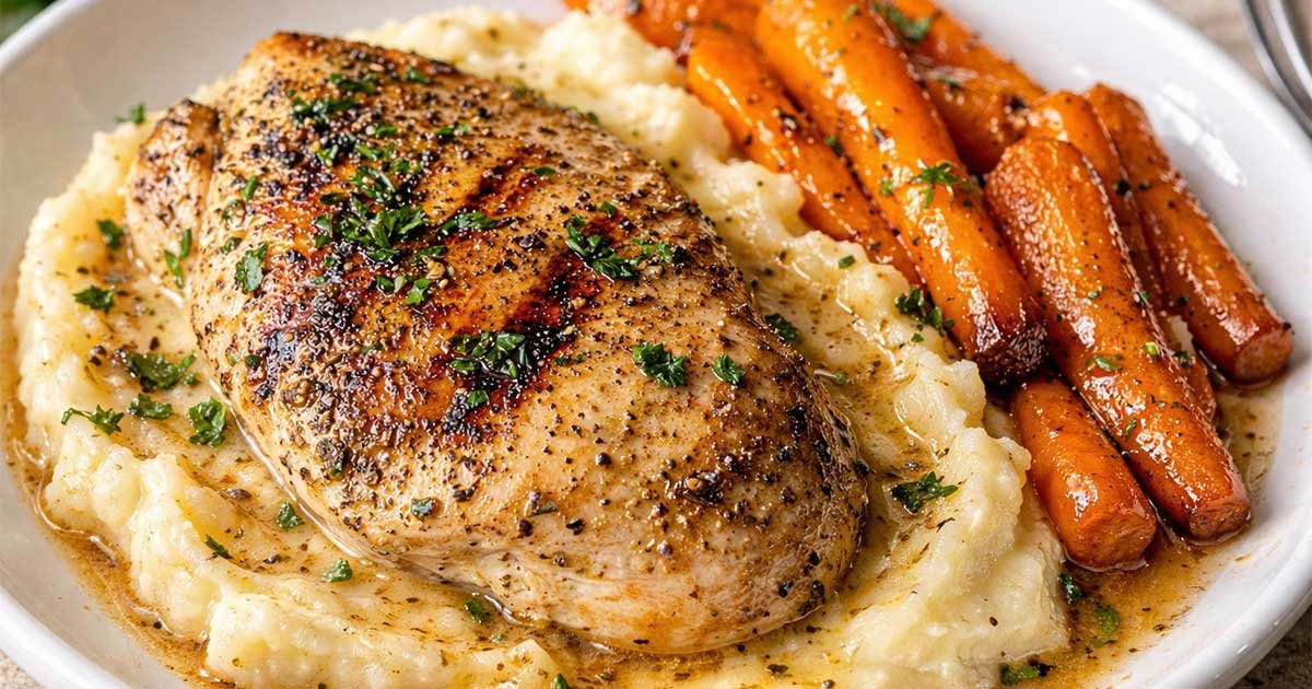 Creamy Herb Chicken Dinner with mashed potatoes and glazed carrots.