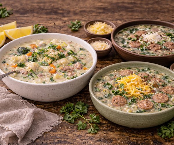 Three bowls of creamy keto soup with herbs, cheese, and sausage on a rustic wooden table with lemon wedges and small bowls of toppings.