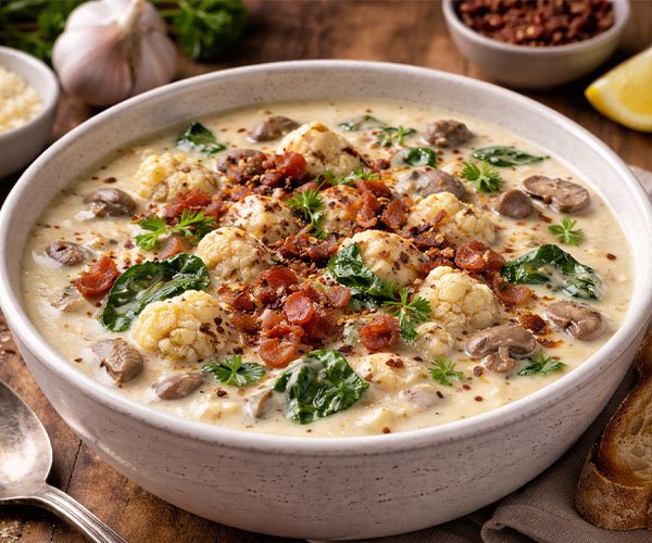 Bowl of creamy keto soup with cauliflower, mushrooms, leafy greens, and crispy bacon in rich broth