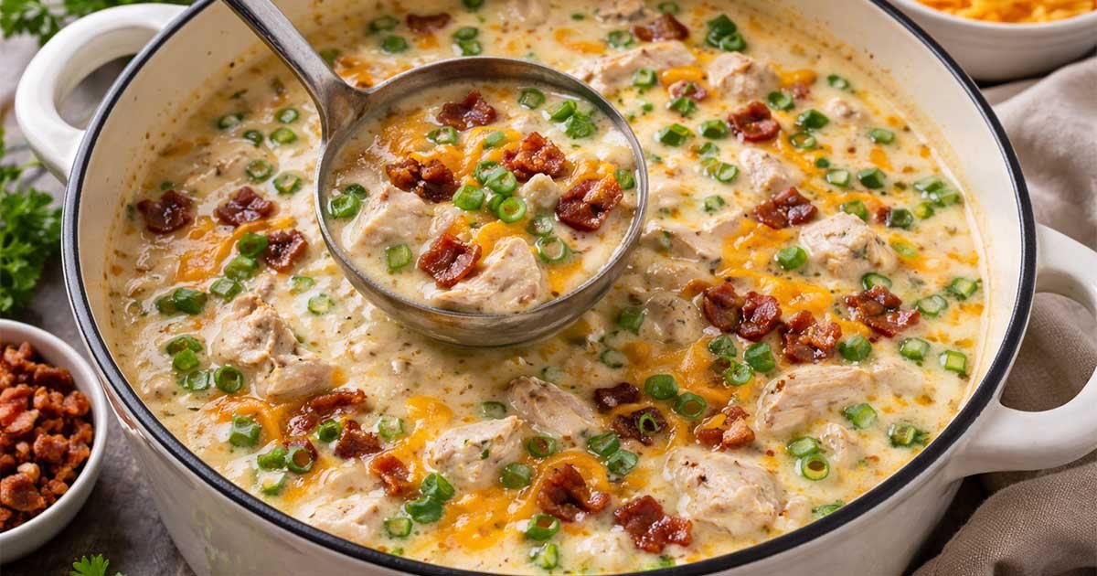 Creamy keto crack chicken soup in a white pot with shredded cheddar, bacon bits, and chopped green onions.