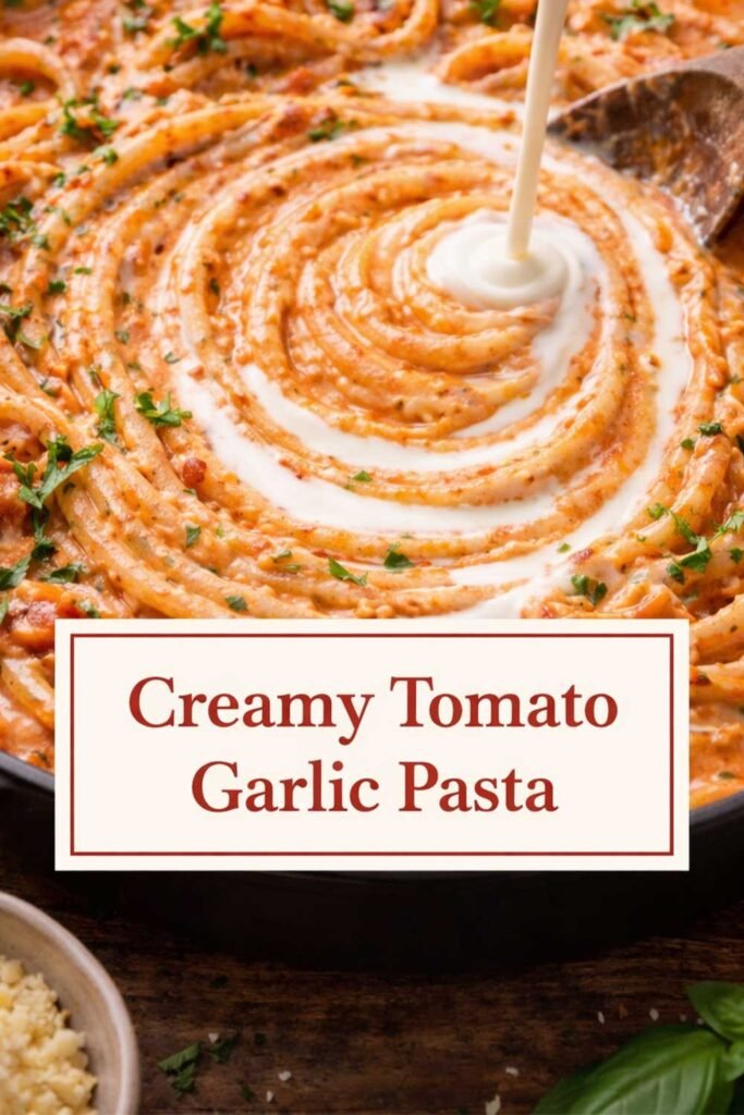 Creamy Tomato Garlic Pasta in a skillet with heavy cream being poured into the sauce, text overlay in a center box.