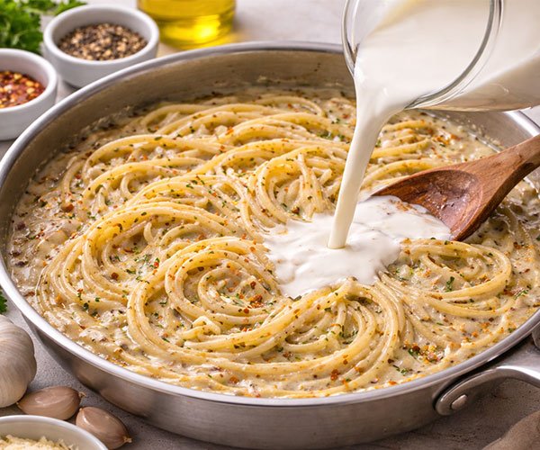 Heavy cream being poured into garlic pasta in a skillet to create a rich creamy sauce.