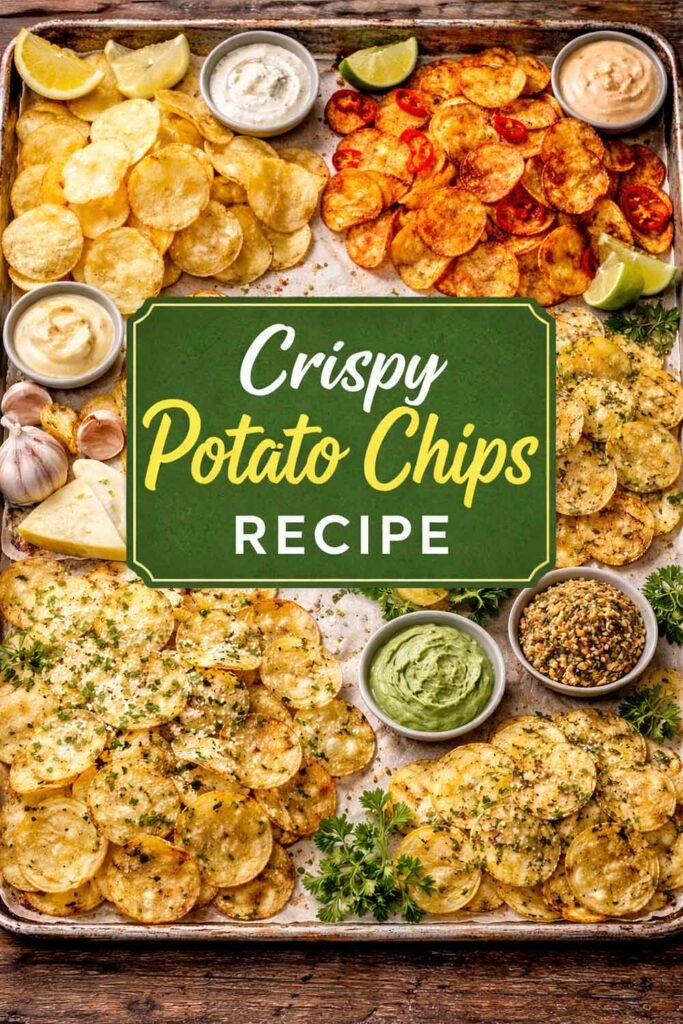 Crispy potato chips in multiple flavors arranged on a tray with dips and a green center label reading “Crispy Potato Chips Recipe.”