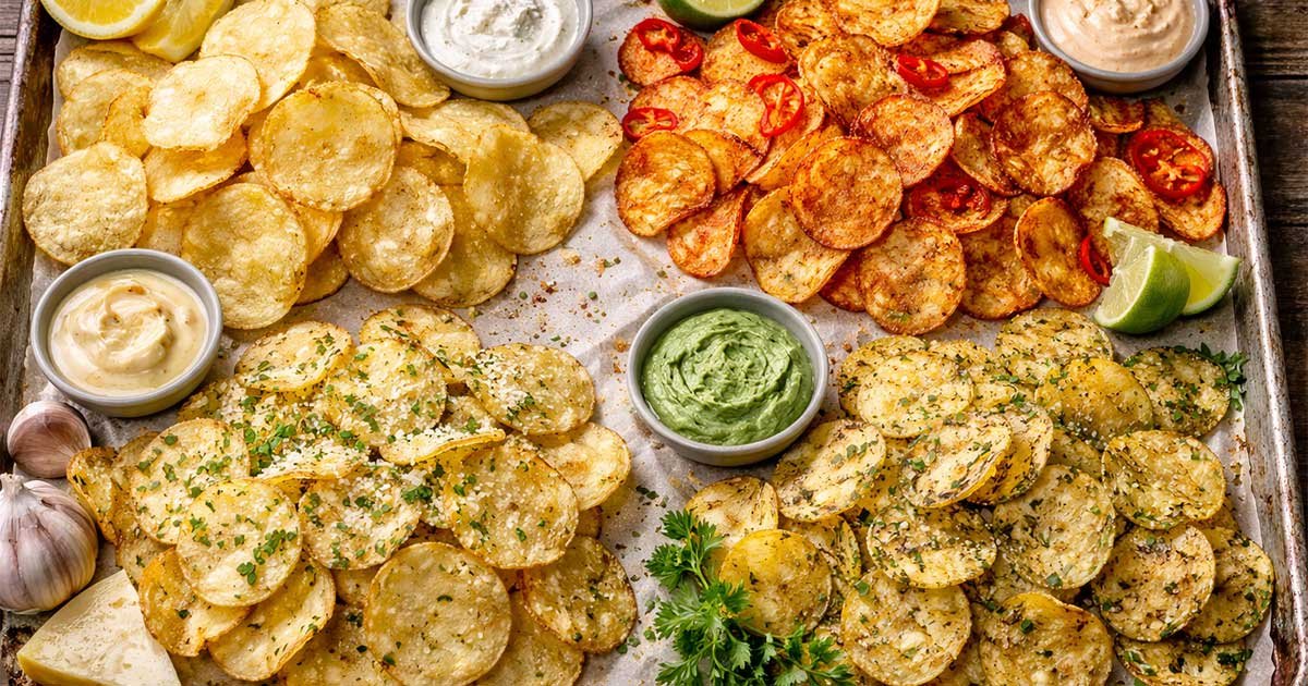 Assorted crispy potato chips in different flavors arranged on a baking tray with dipping sauces, lemon wedges, herbs, and seasonings.