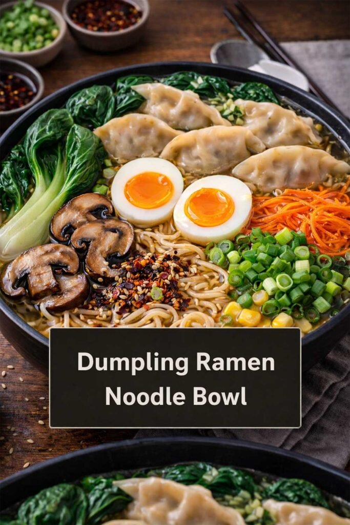 Dumpling Ramen Noodle Bowl with eggs, vegetables, and dumplings in broth with title text overlay.