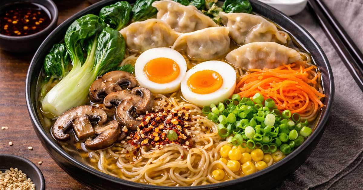 Dumpling Ramen Noodle Bowl with soft-boiled eggs, vegetables, and chili oil in savory broth.