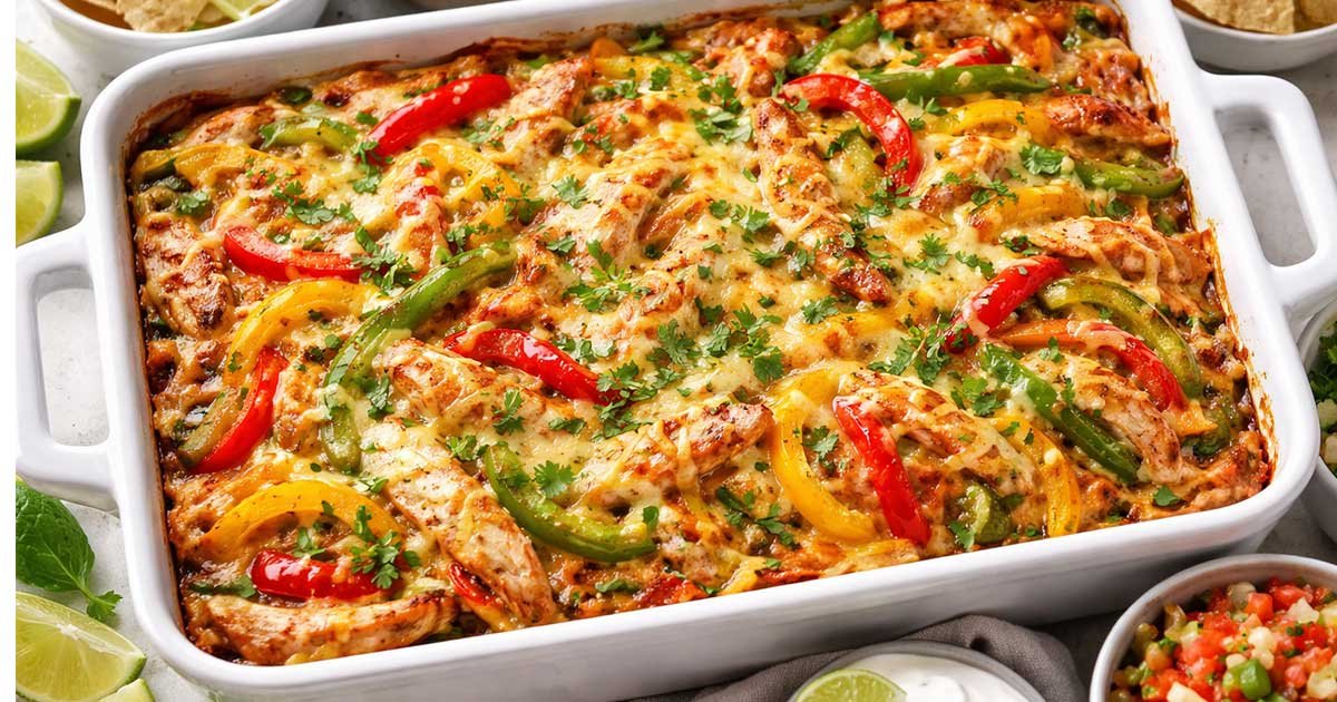 Easy Chicken Fajita Casserole baked with chicken, bell peppers, onions, and melted cheese in a casserole dish.