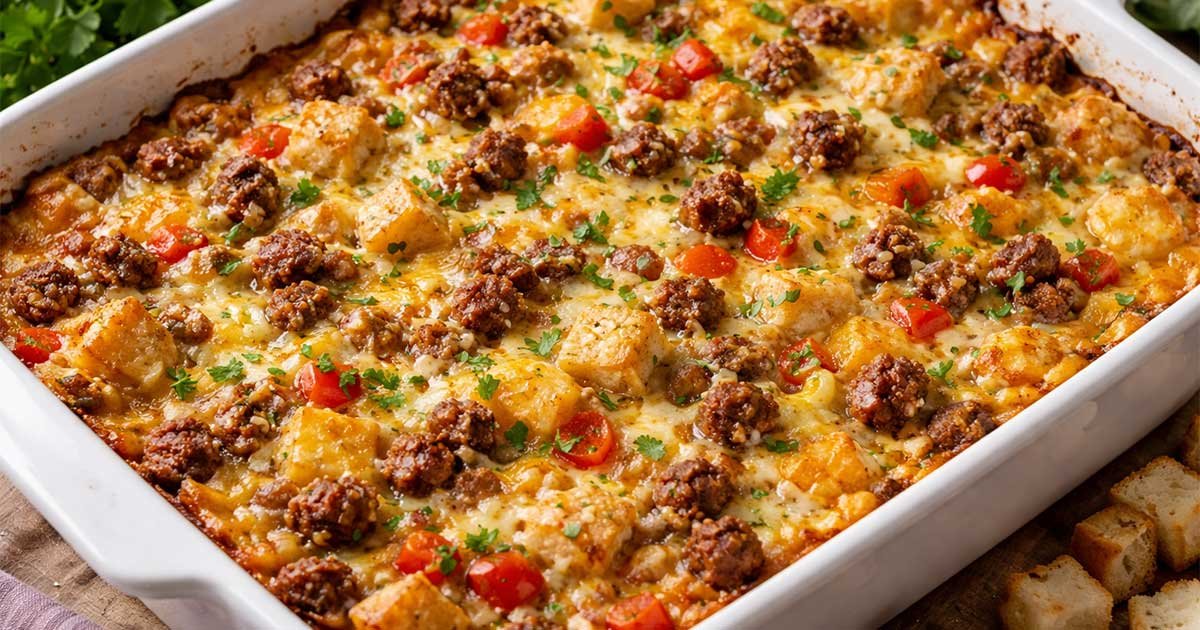 Easy Sausage and Egg Casserole baked in a white dish with browned sausage, melted cheese, eggs, bread cubes, and diced bell peppers on top.