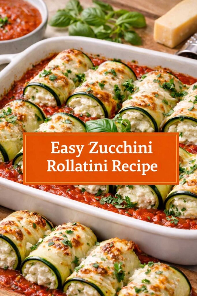 Baked zucchini rollatini in marinara sauce with melted cheese, displayed with an orange title box reading Easy Zucchini Rollatini Recipe.