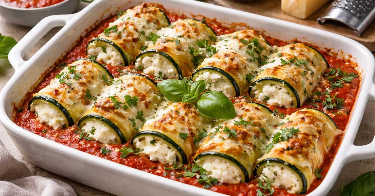 Baked zucchini rollatini filled with ricotta, topped with melted cheese, and served in marinara sauce.