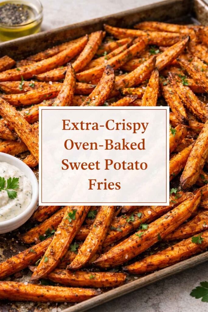 Extra-crispy oven-baked sweet potato fries on a sheet pan with a centered text box reading “Extra-Crispy Oven-Baked Sweet Potato Fries.”