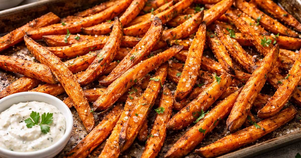 Extra-crispy oven-baked sweet potato fries spread on a baking tray, seasoned and roasted to a golden finish with a creamy dipping sauce on the side.
