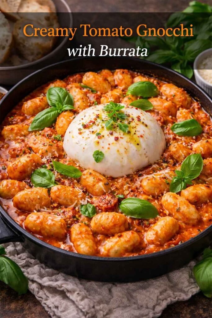 Fast & Creamy Tomato Gnocchi with Burrata in a skillet with centered title text overlay.