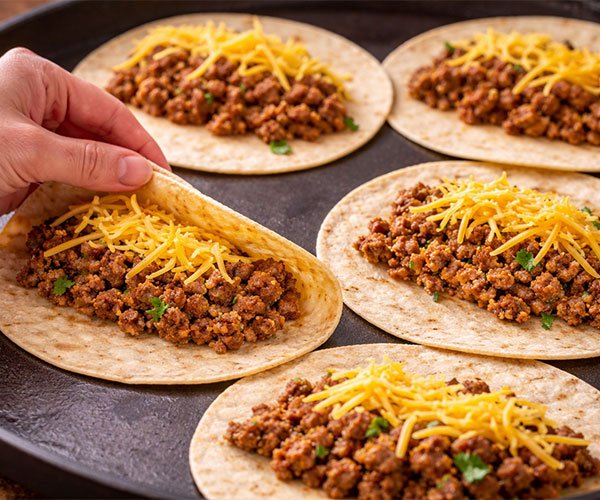 Filling and folding corn tortillas with seasoned ground beef and shredded cheese to form taco shells.