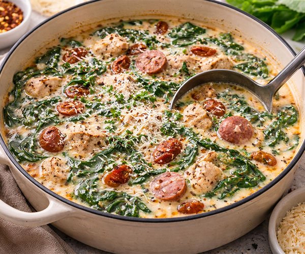 Creamy Tuscan soup finished with wilted spinach and grated Parmesan in a pot.