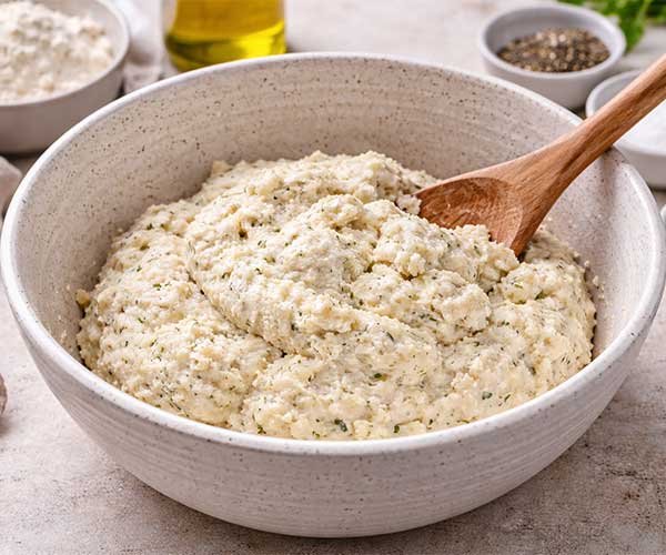Soft cottage cheese flatbread dough being mixed in a bowl with a wooden spoon, surrounded by flour and seasonings.