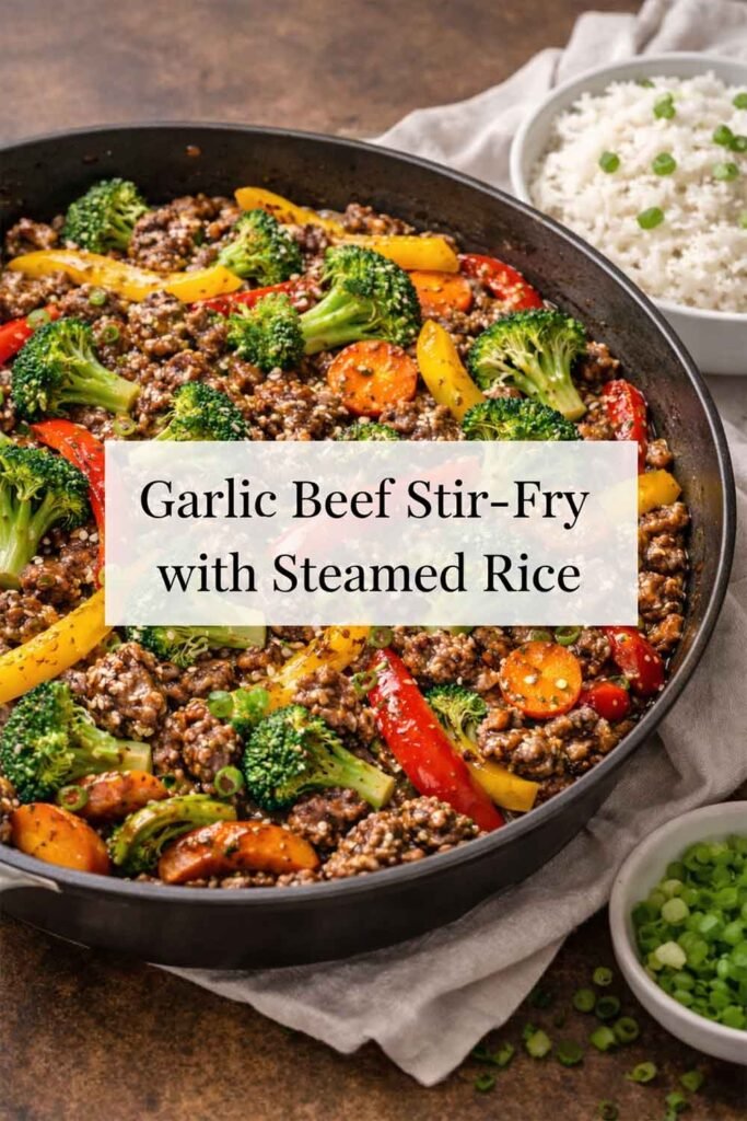 Garlic Beef Stir-Fry with Steamed Rice served in a skillet with broccoli, bell peppers, carrots, and a side of white rice, text overlay in center.