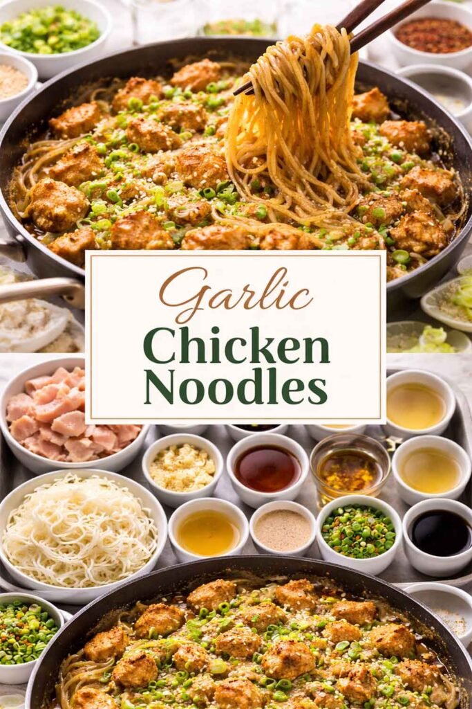 Garlic Chicken Noodles with text overlay in center box
