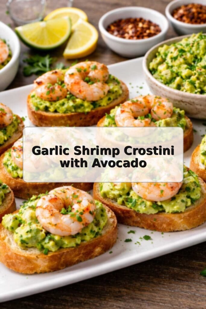 Garlic shrimp crostini topped with avocado spread on a platter, with a centered text box title.