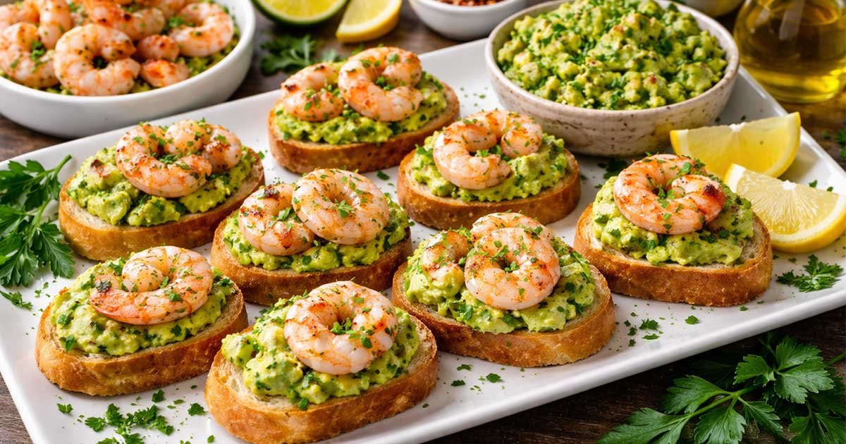 Garlic Shrimp Crostini with Avocado served on toasted baguette slices, topped with seasoned shrimp, avocado spread, and fresh herbs.