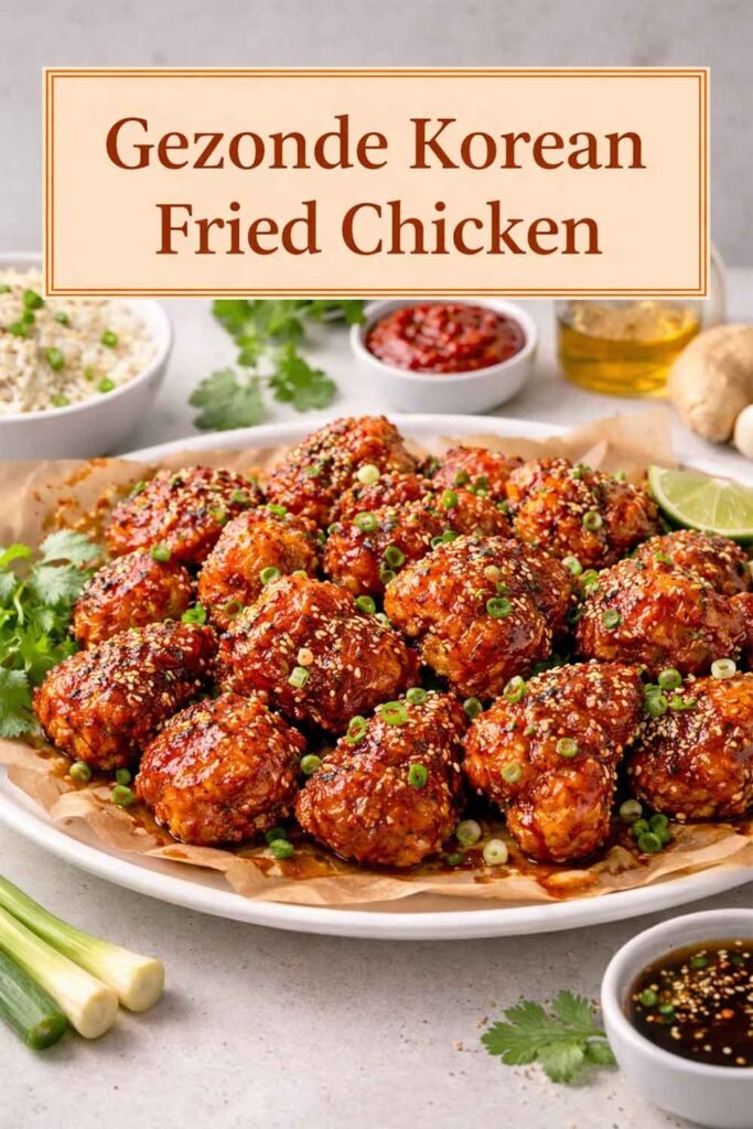 Gezonde Korean Fried Chicken served on a platter, coated in glossy Korean sauce and topped with sesame seeds and green onions, with title text on image.