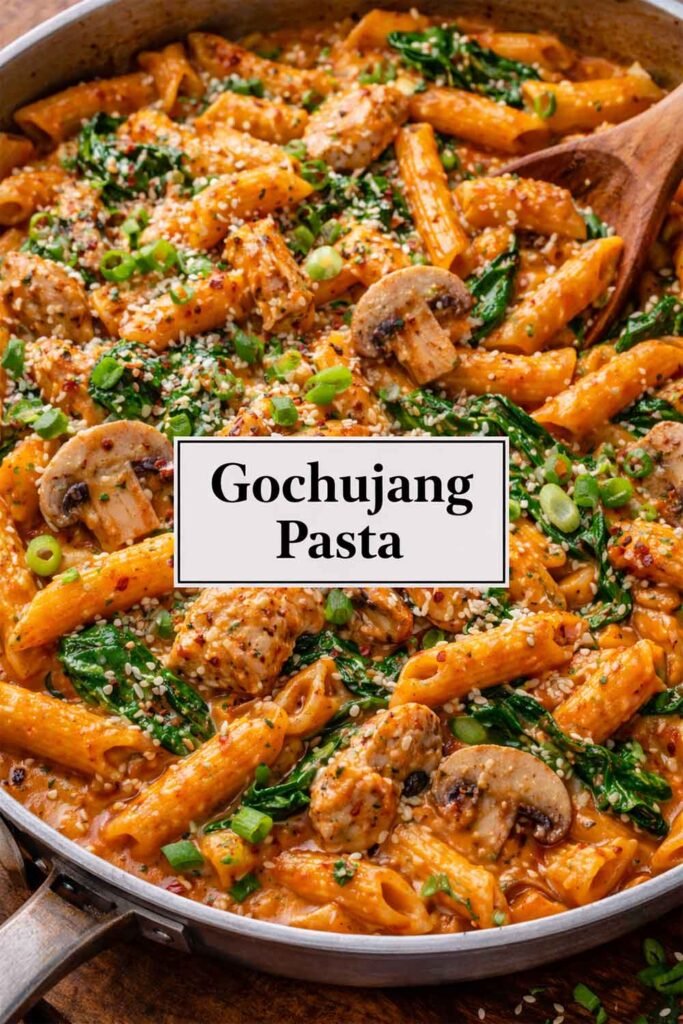 Gochujang pasta with chicken, mushrooms, and spinach.