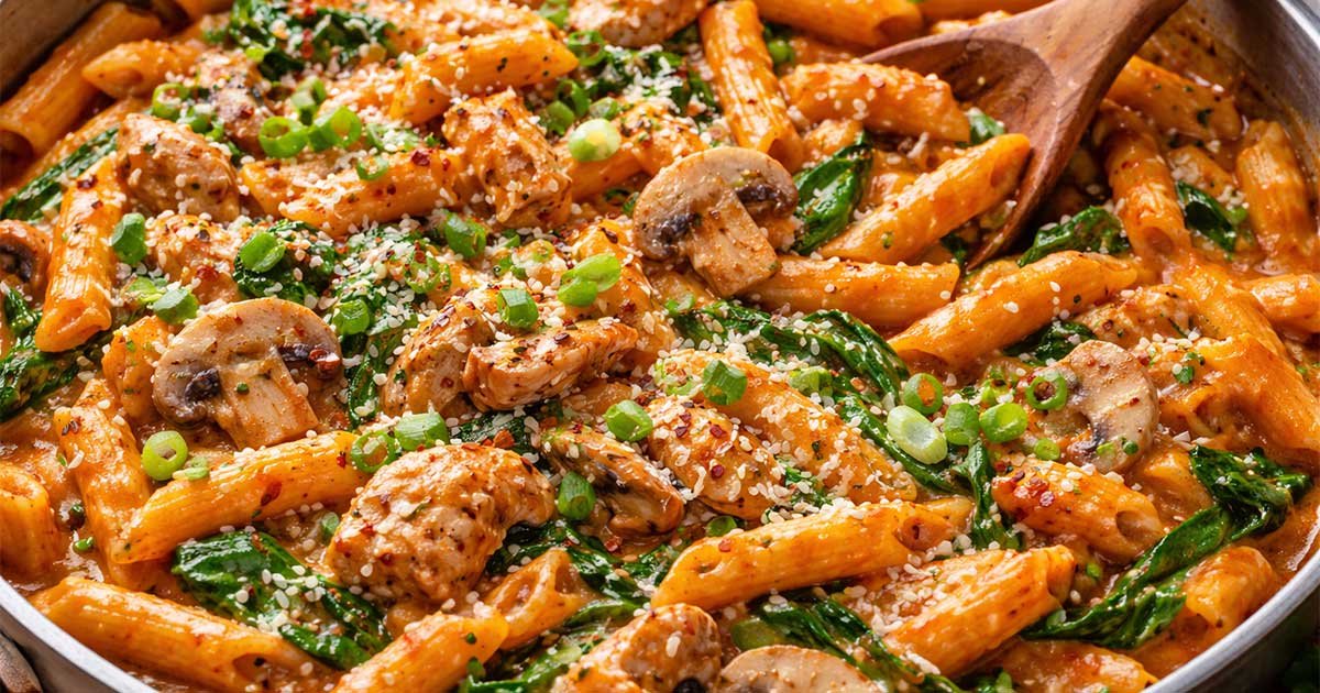 Creamy Gochujang pasta with chicken and vegetables.