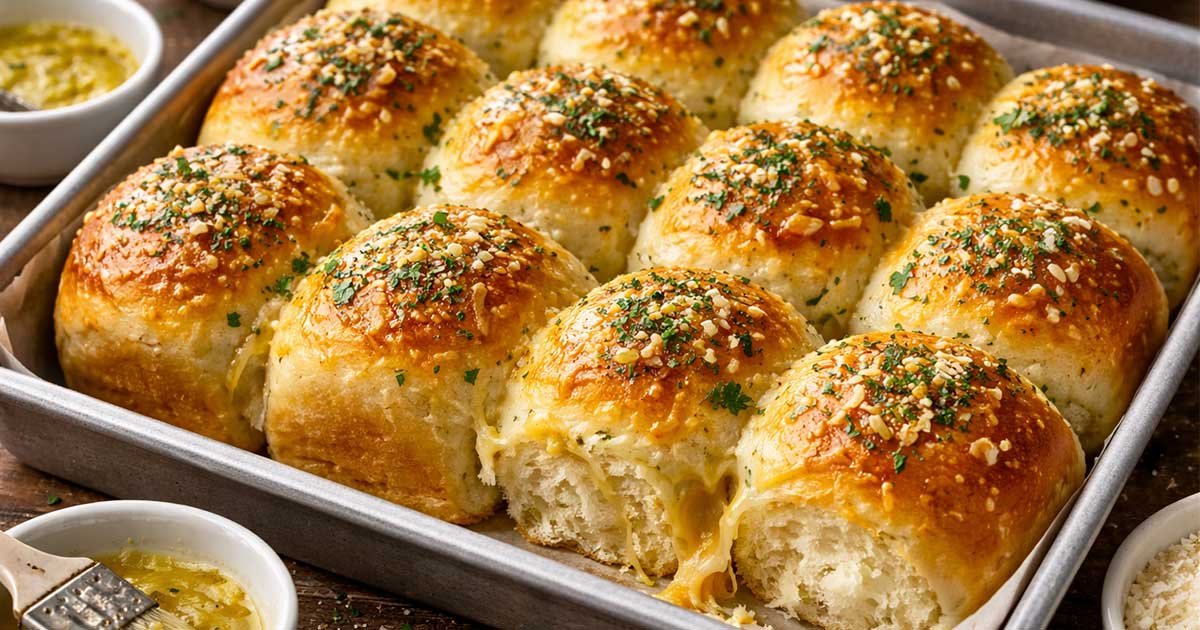 Golden Buttery Cheese Garlic Rolls baked to perfection, brushed with garlic butter and topped with herbs and melted cheese in a baking tray.