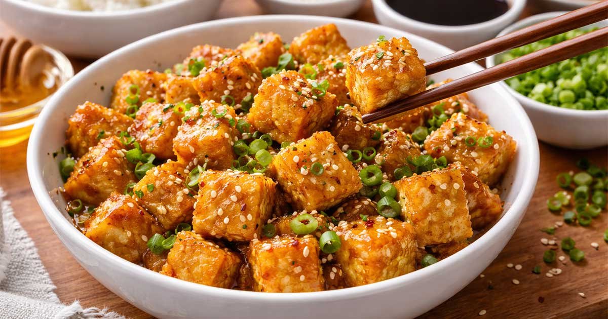 Golden crispy honey garlic tofu tossed in glossy sauce and topped with sesame seeds and green onions.