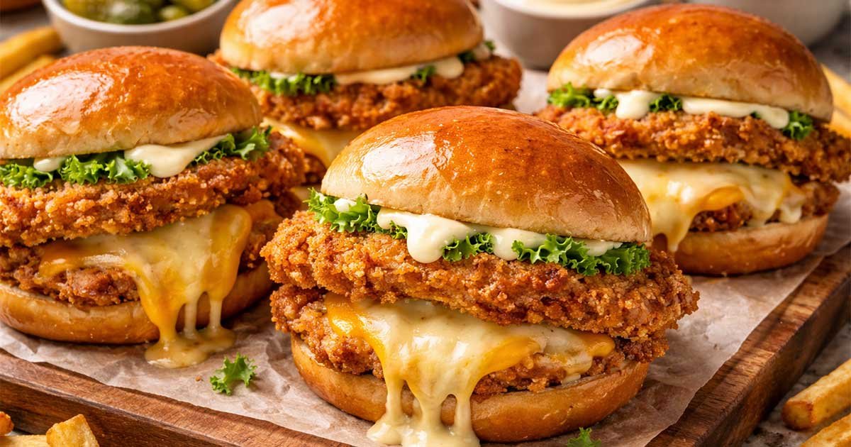 Golden fried chicken buns stuffed with melted cheese, featuring crispy breaded chicken fillets layered with gooey cheddar and mozzarella in glossy toasted buns.