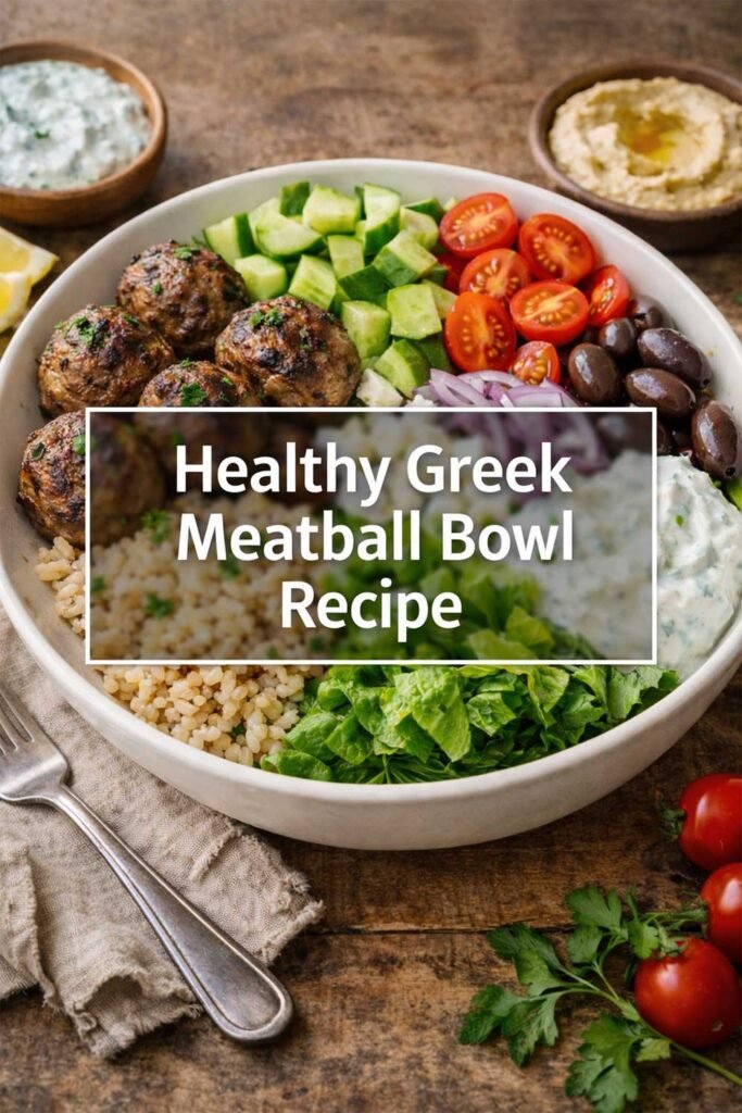 Greek meatball bowl with rice, cucumber, cherry tomatoes, olives, feta, red onion, and tzatziki, with a centered title box overlay.