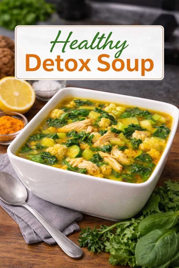 Healthy detox soup in a bowl with vegetables and chicken, with title text in a center box.