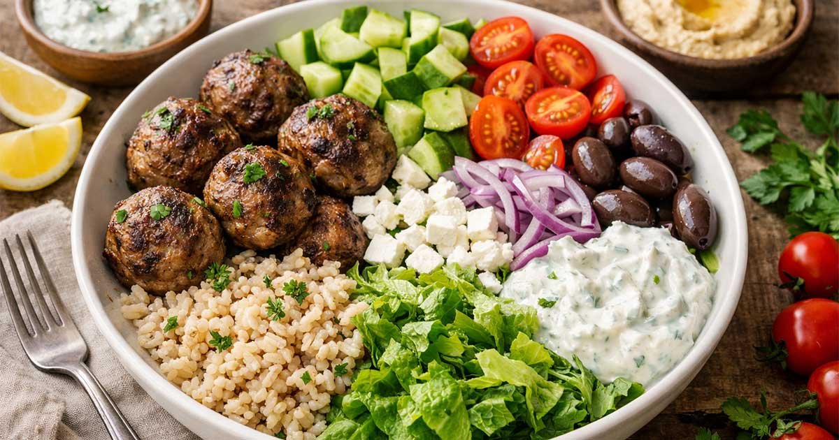 Greek meatball bowl with brown rice, cucumber, cherry tomatoes, olives, feta, red onion, and tzatziki on a wooden table.