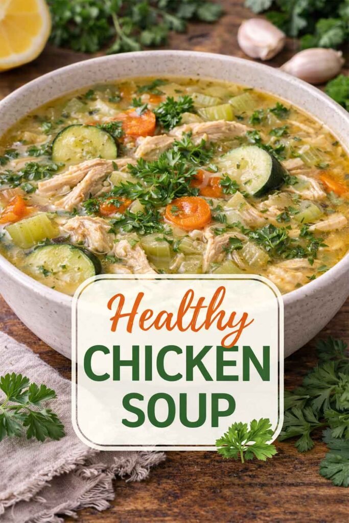 Bowl of healthy keto chicken soup with shredded chicken, zucchini, carrots, celery, and fresh herbs in a golden broth on a rustic table.