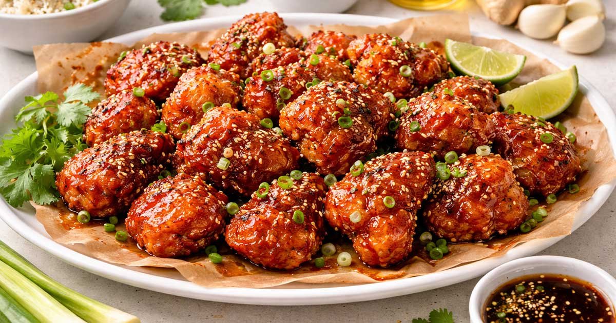 Hearty Gezonde Korean Fried Chicken glazed in spicy sauce, garnished with sesame seeds and green onions on a serving plate.