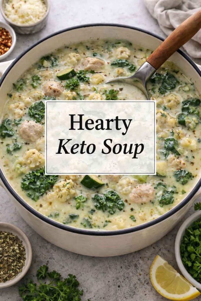Creamy keto chicken soup with zucchini, cauliflower, and spinach in a pot labeled Hearty Keto Soup.
